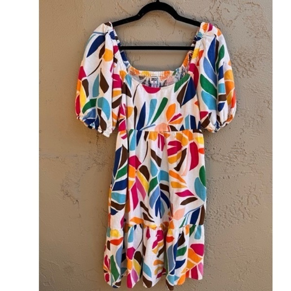 Tabitha Brown Target White Bold Tropical Smock Babydoll Mini Dress MEDIUM Boho